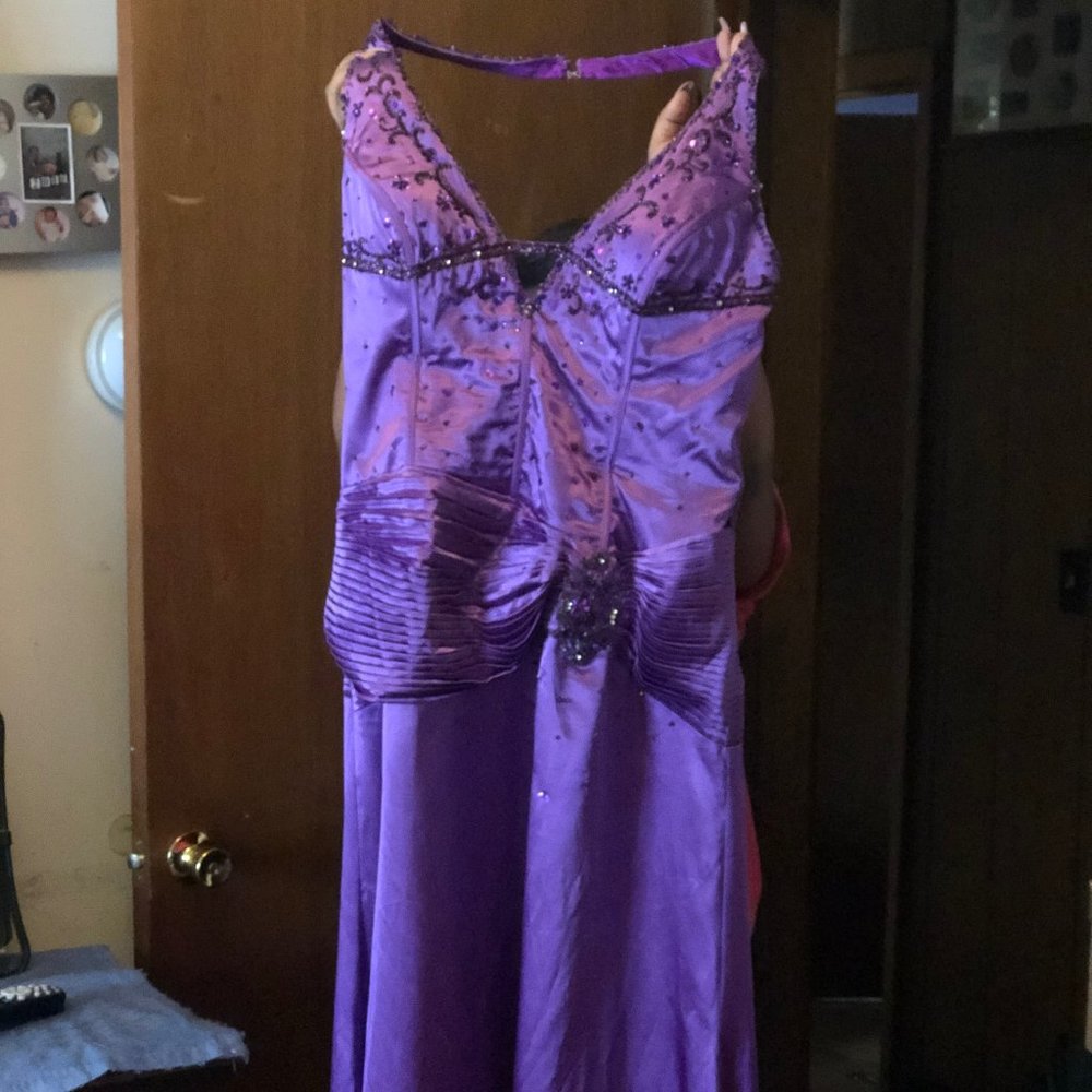 Purple Backless Beaded Prom Gown